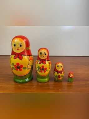Vintage Stamped Russian Nesting Doll 4 Piece Set 3.5” Size Girl With Flowers